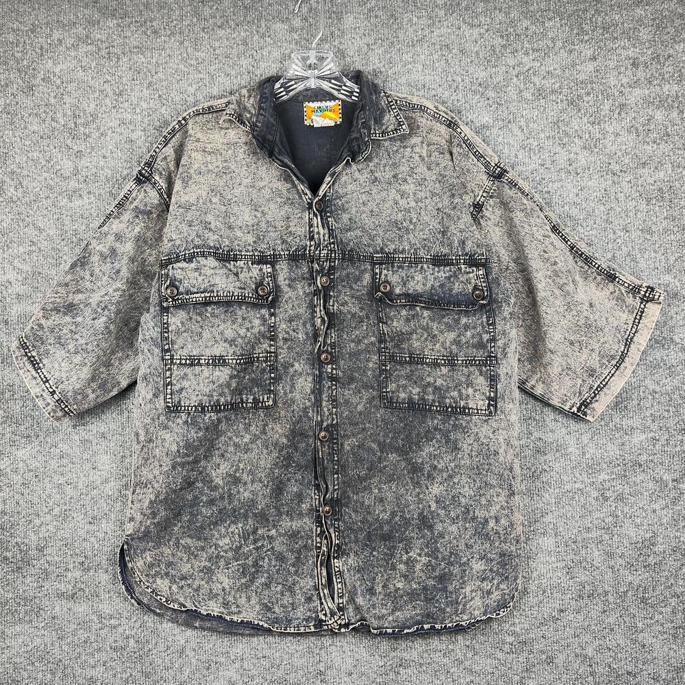 Circus Maximus Shirt Mens Medium Gray Denim Button Front Acid Wash Short Sleeve